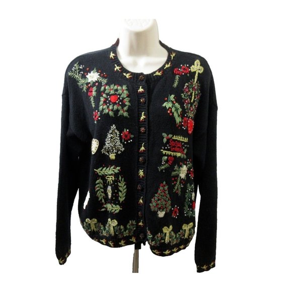 Casual Corner Christmas Embroidered Beaded Button Up Cardigan Sweater Petite Med - Picture 1 of 12